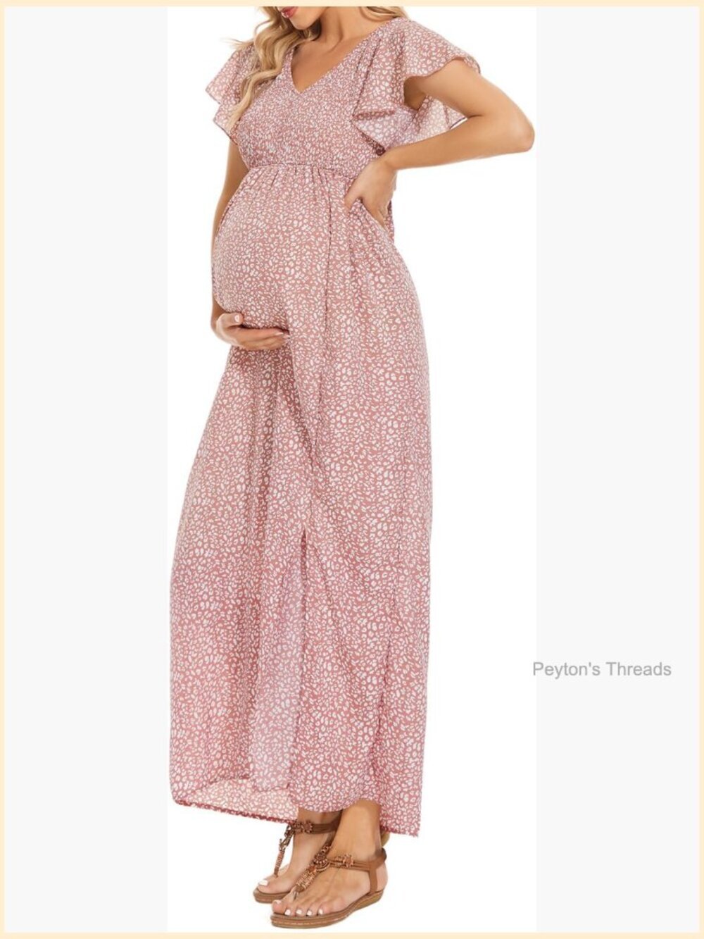 V Neck Floral Maternity Dress Boho Baby Shower Photoshoot Smocked Flutter